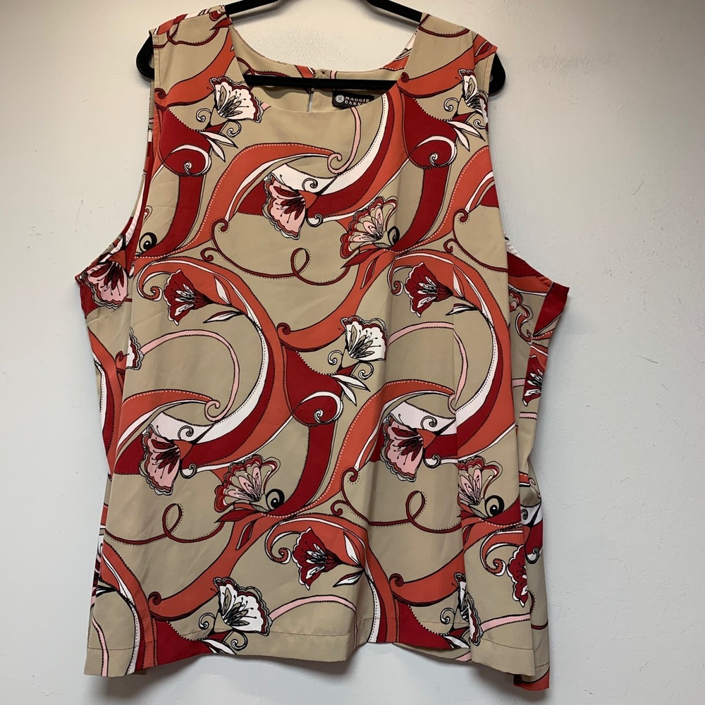 Maggie Barnes Blouse Women 32W Tan Red Excellent Swirl Floral Sleeveless Shell